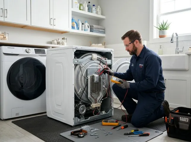 Appliance Repair Hero technician checking a dryer heating element with the rear panel off in Brookside, AL